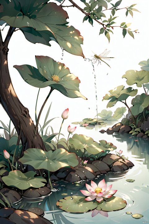 The spring is silent and cherishes the trickle, and the shade of the tree shines on the water, which is clear and soft.
The little lotus has just revealed its sharp corners, and a dragonfly has already stood on it.