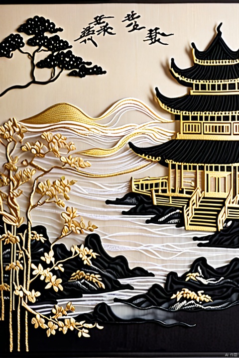 Translucent embroidery, top light, back light, cityscape, night, dark, lantern, Chinese text. , flowing gold art, silk transparent material style, abstract design, ethereal phantom, lifelike, black and white tones,,​