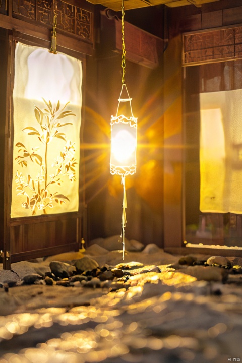 Three-dimensional sense, light and shadow tracing, Chinese-style bamboo light-transmitting screen with gauze curtain, the sky in the distance, hanging lamp, a Chinese-style wooden door on the right, adding details, high resolution, medium shot, natural light, transparency, curtains, floating gauze curtain, cool texture, screen window, warm colors, transparency, Chinese landscape scenery, warm colors, Chinese-style bedroom, free play, relatively harsh sunshine, jingjing, architecture, dvarchmodern, shanhaijing