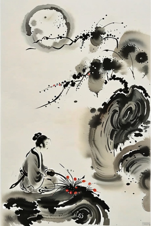 Li Bai, drink wine and ask the sky, what year is it today?, Bloom_The girl in the flower, (ink-style_ink_wash_painting)