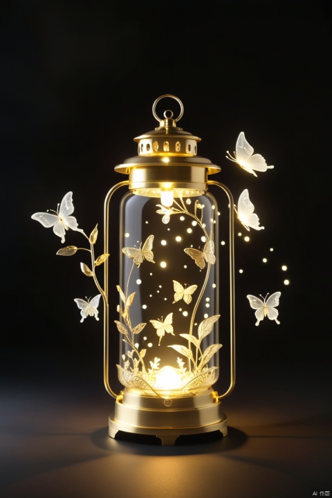 Glass antique lantern, 520 art, fireflies, butterflies, fiber optic transparent material style, flowing gold art, abstract design, ethereal phantom, lifelike, black and white tones,,​