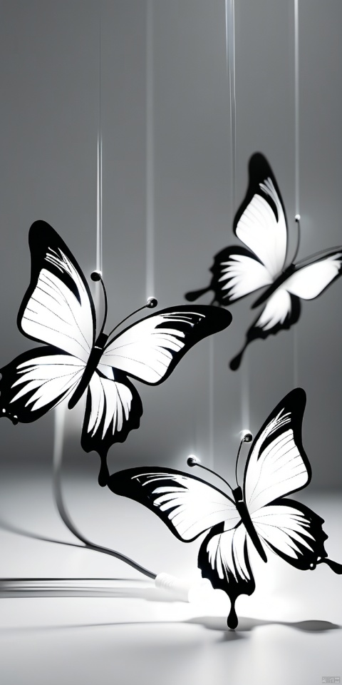 Flaming butterflies flying, optical fiber transparent material style, minimalist design, ethereal phantom, lifelike, black and white tones,