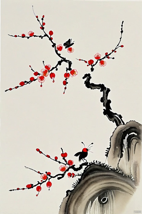 Plum blossom, petals, (butterfly, close-up - standing on plum blossom bud: 1.36), minimalist ink painting