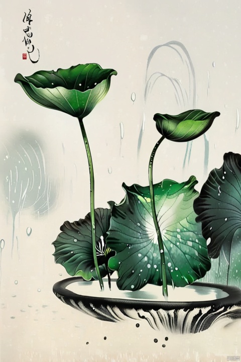 Lotus, butterfly (standing on lotus leaf), rain and dew, minimalist ink painting