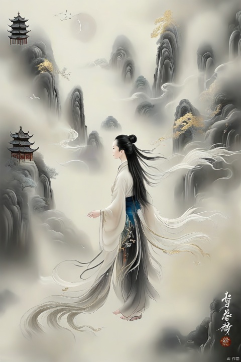 Transparent embroidery, light in front and dark in back, cityscape, night, darkness, long-haired woman, Chinese text. Flowing golden art, silk transparent material style, abstract design, ethereal phantom, realistic, black and white tones., shanhaijing