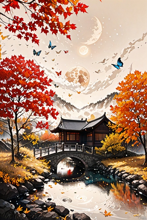 Red line outline art, top light, back light, maple tree, village, butterfly, floating leaves, clouds, moon, black mountains. Optical fiber transparent material style, abstract design, ethereal phantom, lifelike, black back,​
