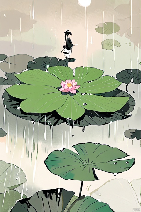 Lotus, butterfly (standing on lotus leaf), rain and dew, minimalist ink painting