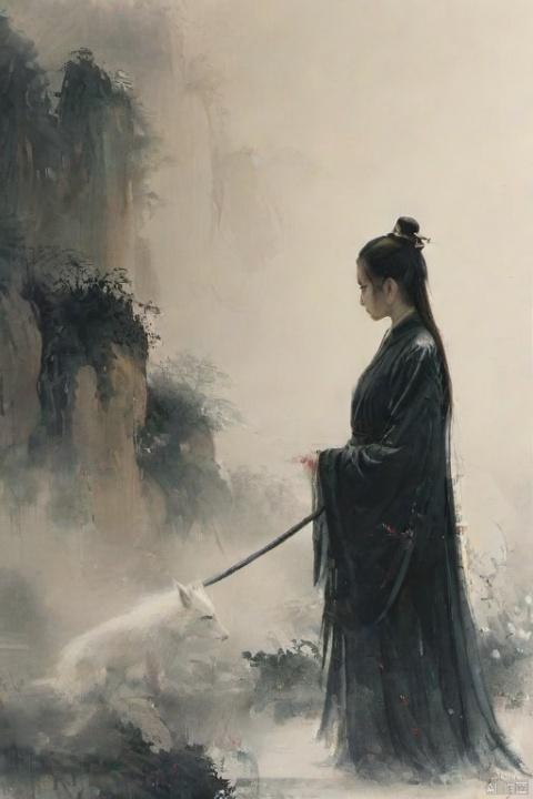 She is a female with long white hair and translucent skin, wearing an ancient black cheongsam, holding a long sword in her hand, and surrounded by white foxes behind her. The painting is really detailed and in a minimalist light style. ,polulu,yyy, ananmo,<lora:660447824183329044:1.0>