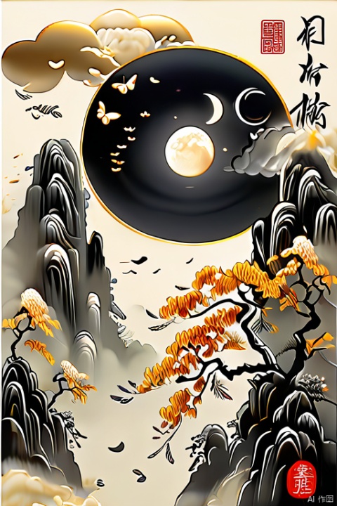 Translucent acrylic crafts, top light, backlight, outline light Chinese landscape painting, poetry, butterflies, bamboo forest, floating leaves, clouds, moon, black mountains. Fluid gold art, optical fiber transparent material style, abstract design, ethereal phantom, lifelike, black and white tones,,​, vector illustration, shanhaijing