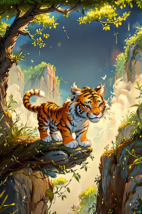 tiger,panghu,no humans,fangs,tree,Stand on the hill,bird,Look back,animal focus,open mouth,animal,closed eyes,rock,branch,chibi,small eyes,