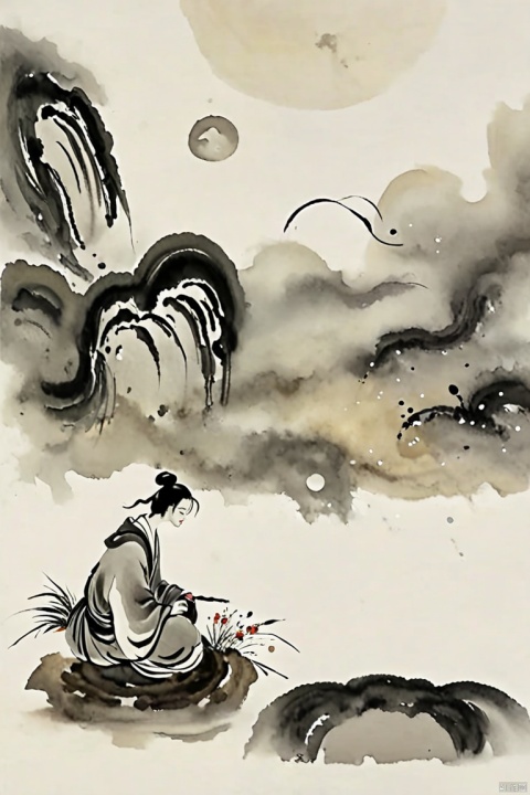 Li Bai, drink wine and ask the sky, what year is it today?, Bloom_The girl in the flower, (ink-style_ink_wash_painting)极简风格