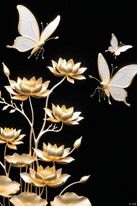 Golden lotus flying butterflies, Chinese carving gold art of trees, minimalism, freehand white space, optical fiber transparent material style, light line design, lifelike, black back,​