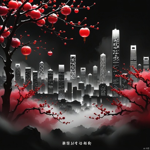 Cityscape, night, darkness, red plum, Chinese text. , glossy transparent material style, abstract design, ethereal phantom, lifelike, black and white tones,