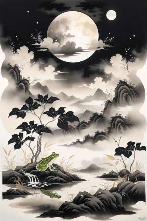 Translucent embroidery, top light, back light, a frog in a well, looking up at the sky, minimalist ink painting, large white area, white background with floating leaves, clouds, moon, black mountains. Fluid gold art, optical fiber transparent material style, abstract design, ethereal phantom, lifelike, black and white, tone,, chengse