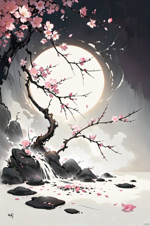 Masterpiece, a plum blossom across the picture, plum blossom flowers scattered and orderly, extremely rich in changes, branches lean and powerful, plum blossom dust tall and straight, light ink light dye petals, thick ink dotted calyx, fine brush drawing stamens, picture composition novel, horizontal composition broken branch painting, large area blank, virtual and real, far-reaching artistic conception, painter Wang Mian's works, collection paintings
