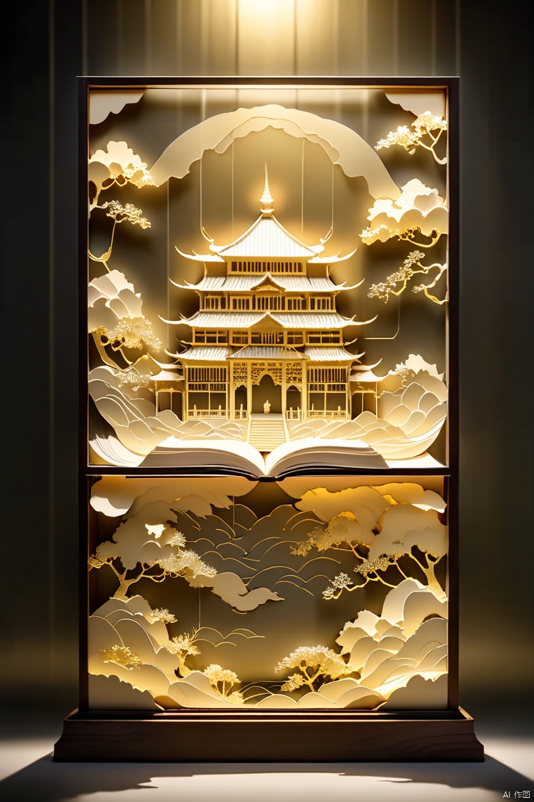 translucent embroidery, top light, backlight, A lighted book, seated front, detailed art style, paper sculpture, geographic photo, hi-res image, paper cut book design oriental palace, tilt photography style, 8k resolution, night scene, photo taken with a Nikon D750 with lights on top, cityscape style, intricate woodwork, grandiose gauges, chinese book model, golden light style, pencil art illustration, hi-res image, site-specific artwork, i can't believe how beautiful this is,
Negative reminder, flowing gold art, silk transparent material style, abstract design, ethereal phantom, lifelike, black and white tones,