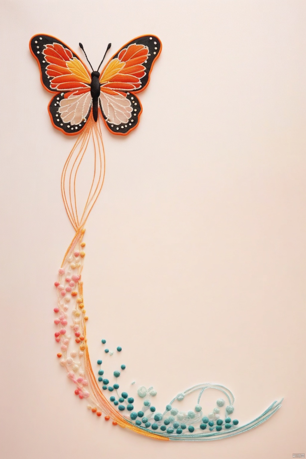 Butterfly dotted with water, streamer art, minimalist design, silk transparent embroidery style,