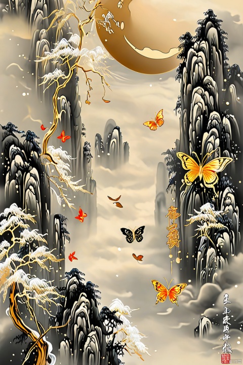 Translucent acrylic, top light, backlight, outline light Chinese landscape painting, poetry, butterflies, bamboo forest, floating leaves, clouds, moon, black mountains. Fluid gold art, optical fiber transparent material style, abstract design, ethereal phantom, lifelike, black and white tones,​