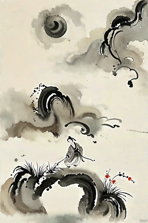 Li Bai, drink wine and ask the sky, what year is it today?, Bloom_The girl in the flower, (ink-style_ink_wash_painting)极简风格