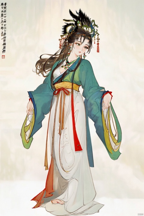 A girl, solo: 1.3), skirt, jewelry, long hair, necklace, earrings, perfect figure, standing, plump breasts, looking at the audience, Chinese clothing, Hanfu.