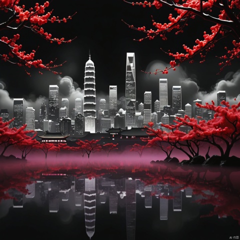 Cityscape, night, darkness, red plum, Chinese text. , glossy transparent material style, abstract design, ethereal phantom, lifelike, black and white tones,
