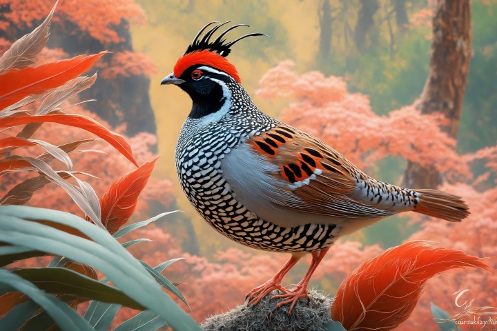There is another kind of bird in the mountains, which looks like an ordinary quail bird, but has black patterns and red neck feathers. Its name is Quercus quail.