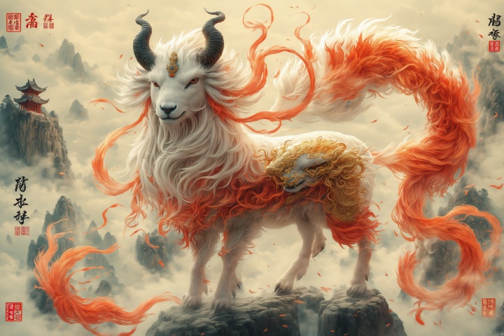 There is a beast in the mountains, shaped like a sheep, with nine tails and four ears, and eyes on its back. Its name is Qianzi. People who wear its fur will not have fear.