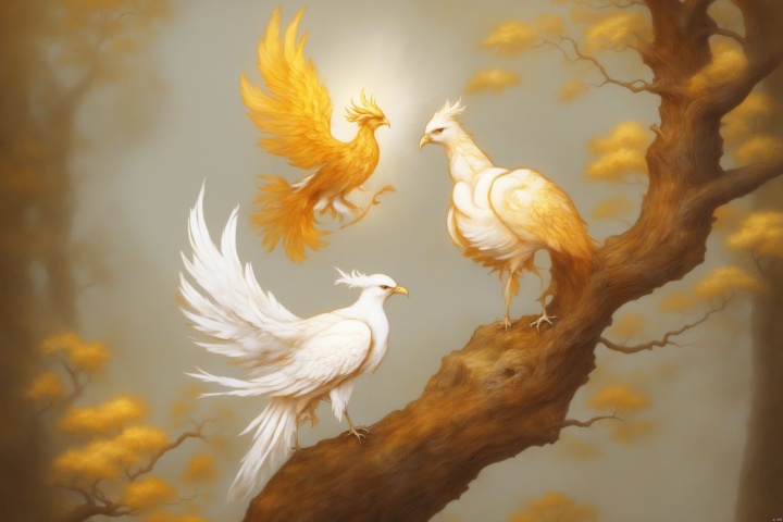 On the sycamore tree where a golden phoenix is ​​perched, a white bird looks toward the phoenix