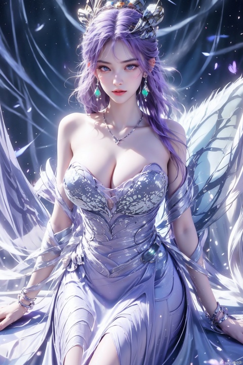  1girl, solo, long hair, breasts, looking at viewer, blue eyes, large breasts, hair ornament, dress, cleavage, bare shoulders, jewelry, sitting, closed mouth, purple hair, earrings, necklace, white dress, bracelet, petals, strapless, bug, butterfly(giant breasts: 2.0)