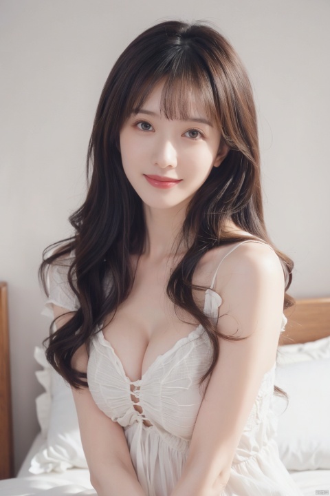 1 girl, solo,   full body, long hair, chest, collarbone, smile, brown hair, bangs, short sleeves, front, 1girl,Indoor, Bed, Sexy,Realistic life photos