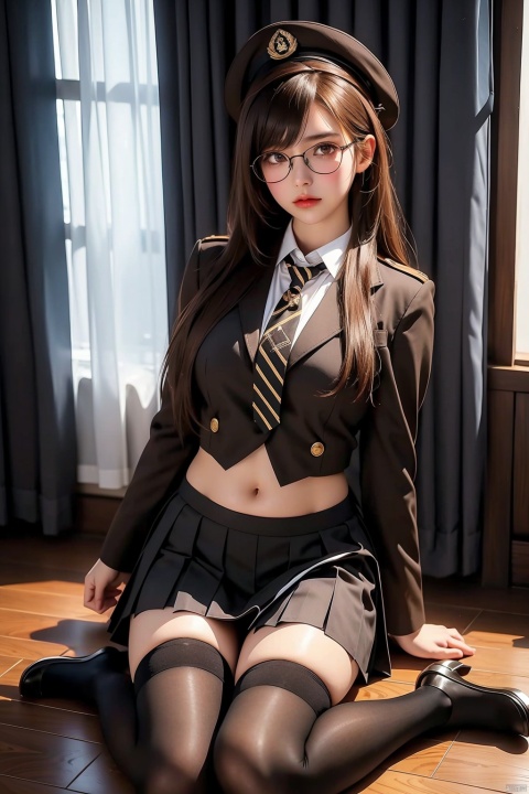  1girl, solo, long hair, looking at viewer, skirt, brown hair, thighhighs, navel, pleated skirt, necktie, shoes, glasses, midriff, striped, *******, kneeling, black necktie, striped thighhighs,thighhighs, hat, shoes, uniform, high heels, white thighhighs, military, *******
