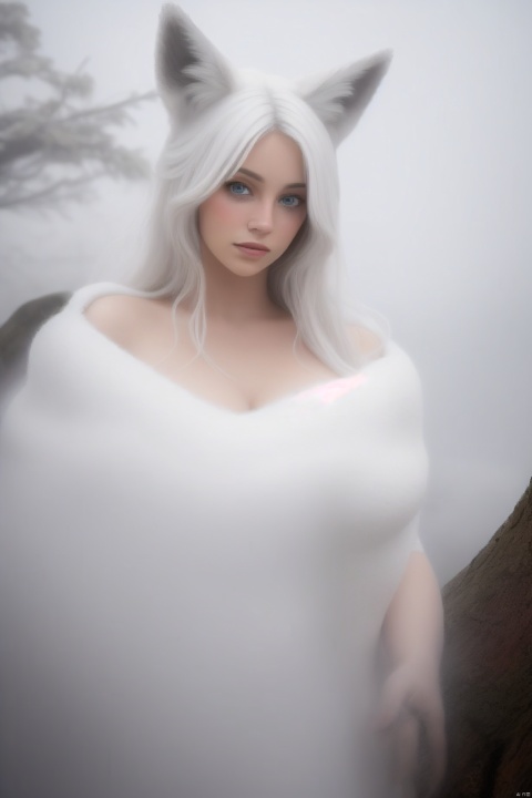 The lower half of the picture of the Asian people is shrouded in white fog. Portrait shot with Canon camera, 135mm, aperture 1.4, super realistic real-life post-production special effects. A beautiful girl with golden eyes and white hair and fox ears emerges from the thick white fog in the foreground, wearing a light white fox The plush dress, a large part of the plush dress is torn into 9 fox tails from the bottom. There is a lot of white thick fog at the feet of the character. The overall dense fog atmosphere, a large part of the figure and the tail are loomingly shrouded in white thick fog. There is a lot of white thick fog in the foreground, blurring the foreground