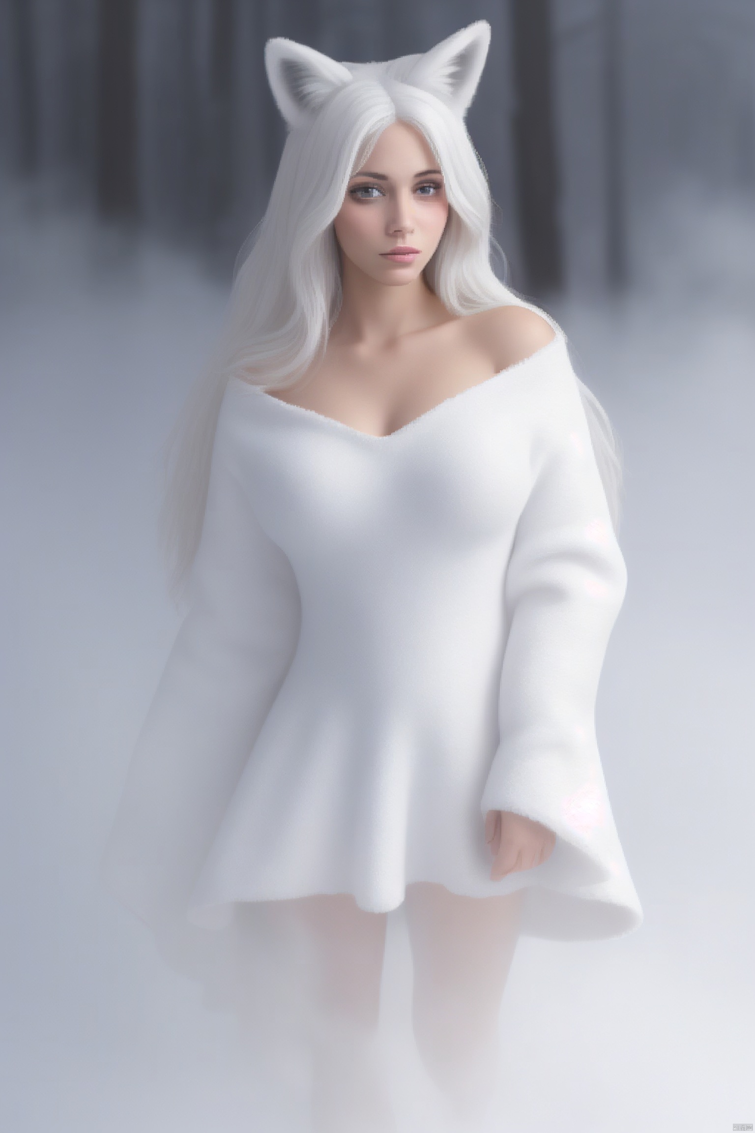 The lower half of the picture of the Asian people is shrouded in white fog. Portrait shot with Canon camera, 135mm, aperture 1.4, super realistic real-life post-production special effects. A beautiful girl with golden eyes and white hair and fox ears emerges from the thick white fog in the foreground, wearing a light white fox The plush dress, a large part of the plush dress is torn into 9 fox tails from the bottom. There is a lot of white thick fog at the feet of the character. The overall dense fog atmosphere, a large part of the figure and the tail are loomingly shrouded in white thick fog. There is a lot of white thick fog in the foreground, blurring the foreground