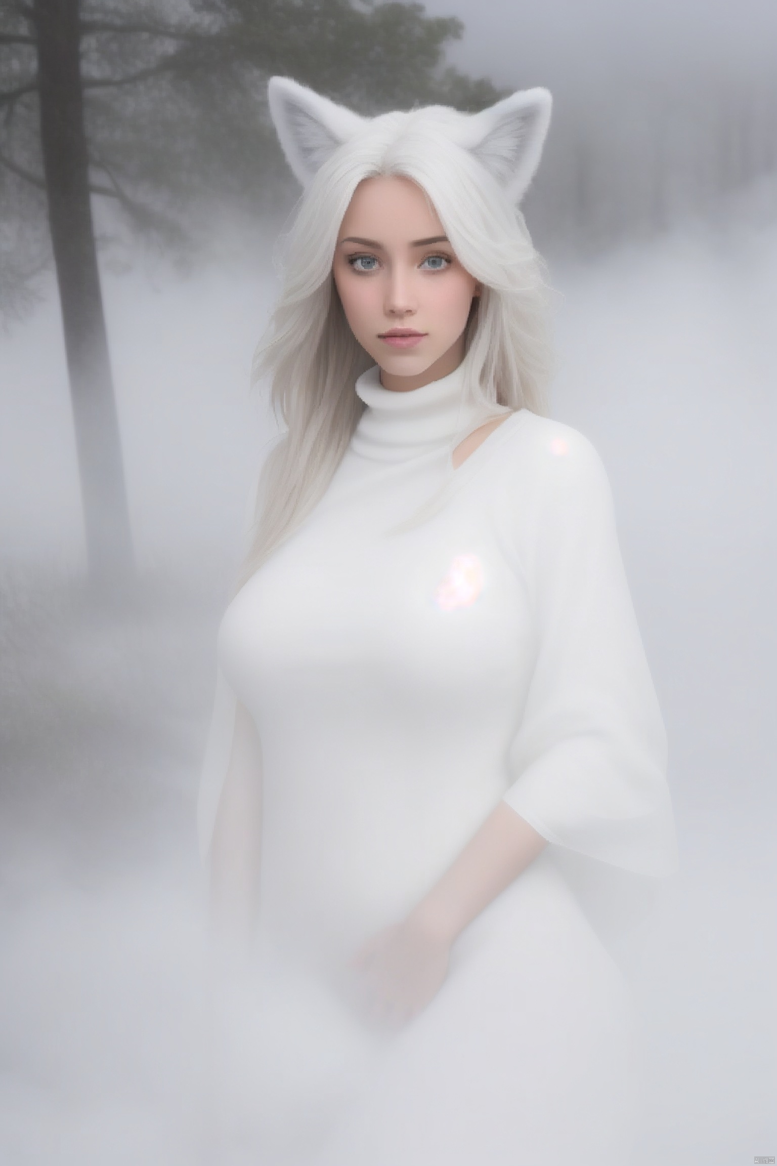 The lower half of the picture of the Asian people is shrouded in white fog. Portrait shot with Canon camera, 135mm, aperture 1.4, super realistic real-life post-production special effects. A beautiful girl with golden eyes and white hair and fox ears emerges from the thick white fog in the foreground, wearing a light white fox The plush dress, a large part of the plush dress is torn into 9 fox tails from the bottom. There is a lot of white thick fog at the feet of the character. The overall dense fog atmosphere, a large part of the figure and the tail are loomingly shrouded in white thick fog. There is a lot of white thick fog in the foreground, blurring the foreground