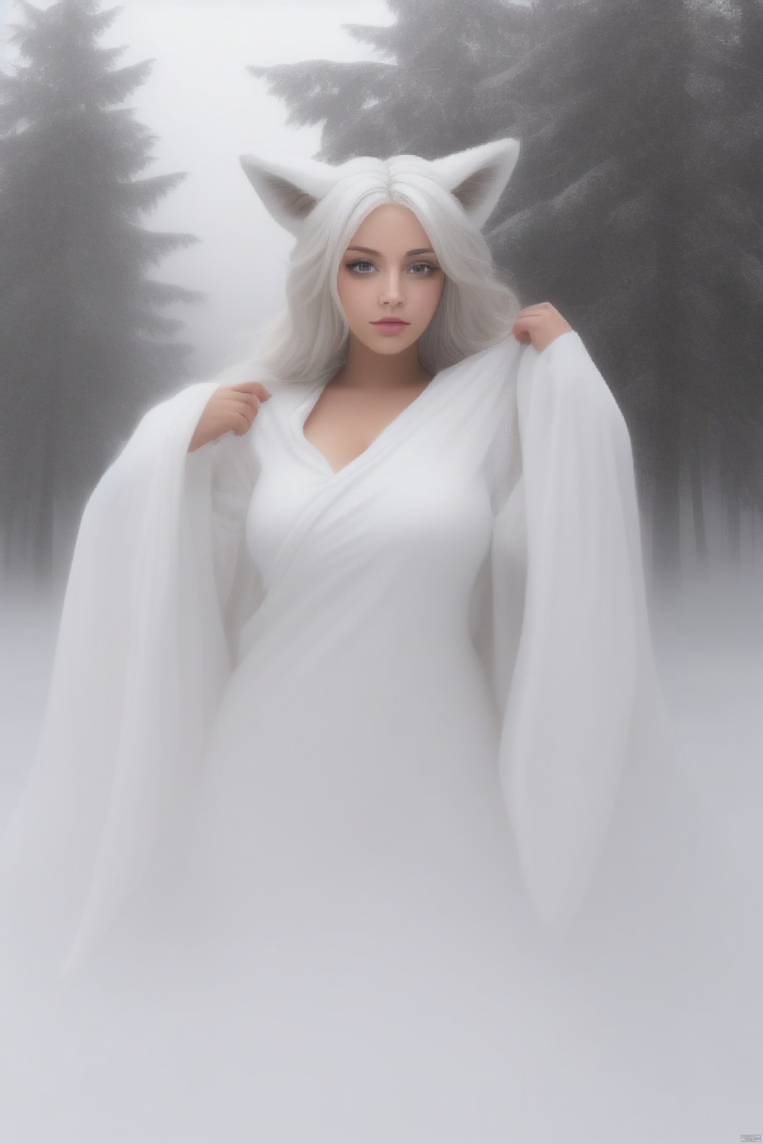 The lower half of the picture of the Asian people is shrouded in white fog. Portrait shot with Canon camera, 135mm, aperture 1.4, super realistic real-life post-production special effects. A beautiful girl with golden eyes and white hair and fox ears emerges from the thick white fog in the foreground, wearing a light white fox The plush dress, a large part of the plush dress is torn into 9 fox tails from the bottom. There is a lot of white thick fog at the feet of the character. The overall dense fog atmosphere, a large part of the figure and the tail are loomingly shrouded in white thick fog. There is a lot of white thick fog in the foreground, blurring the foreground