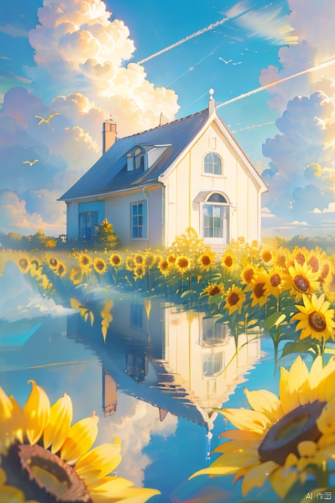 flower, outdoors, sky, day, cloud, water, blue sky, no humans, window, bird, cloudy sky, building, scenery, reflection, yellow flower, sunflower, house