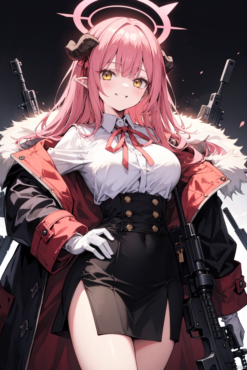  petite,loli,1girl, aru_\(blue_archive\), solo, weapon, gun, skirt, long_hair, shirt, pink_hair, gloves, white_shirt, explosion, smile, rifle, hand_on_hip, white_gloves, ribbon, fur_trim, looking_at_viewer, bangs, black_skirt, horns, neck_ribbon, holding, holding_weapon, red_ribbon, halo, long_sleeves, breasts, holding_gun, sniper_rifle, collared_shirt, fur-trimmed_jacket, yellow_eyes, coat, high-waist_skirt, blunt_bangs, jacket, side_slit, parted_lips, grin, large_breasts