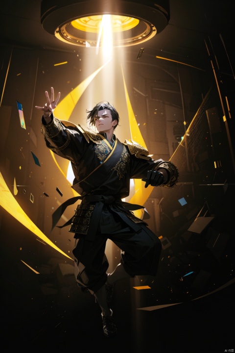  real, Photo, (A man: 1.2), yellow tone,A Chinese teenager wearing a silver armor stands in the air, , gestures forming spells, martial arts immortality, palace game characters carrying gold runes around, cyberpunk style, neon lights, best image quality, 3D rendering, looking up, ultra wide angle, fisheye, lens focusing on the whole body, 16K, ultra high definition, high resolution, very detailed, best image quality,(ray tracing), (holographic, rainbowish, expressive, dynamicpose:1.0),