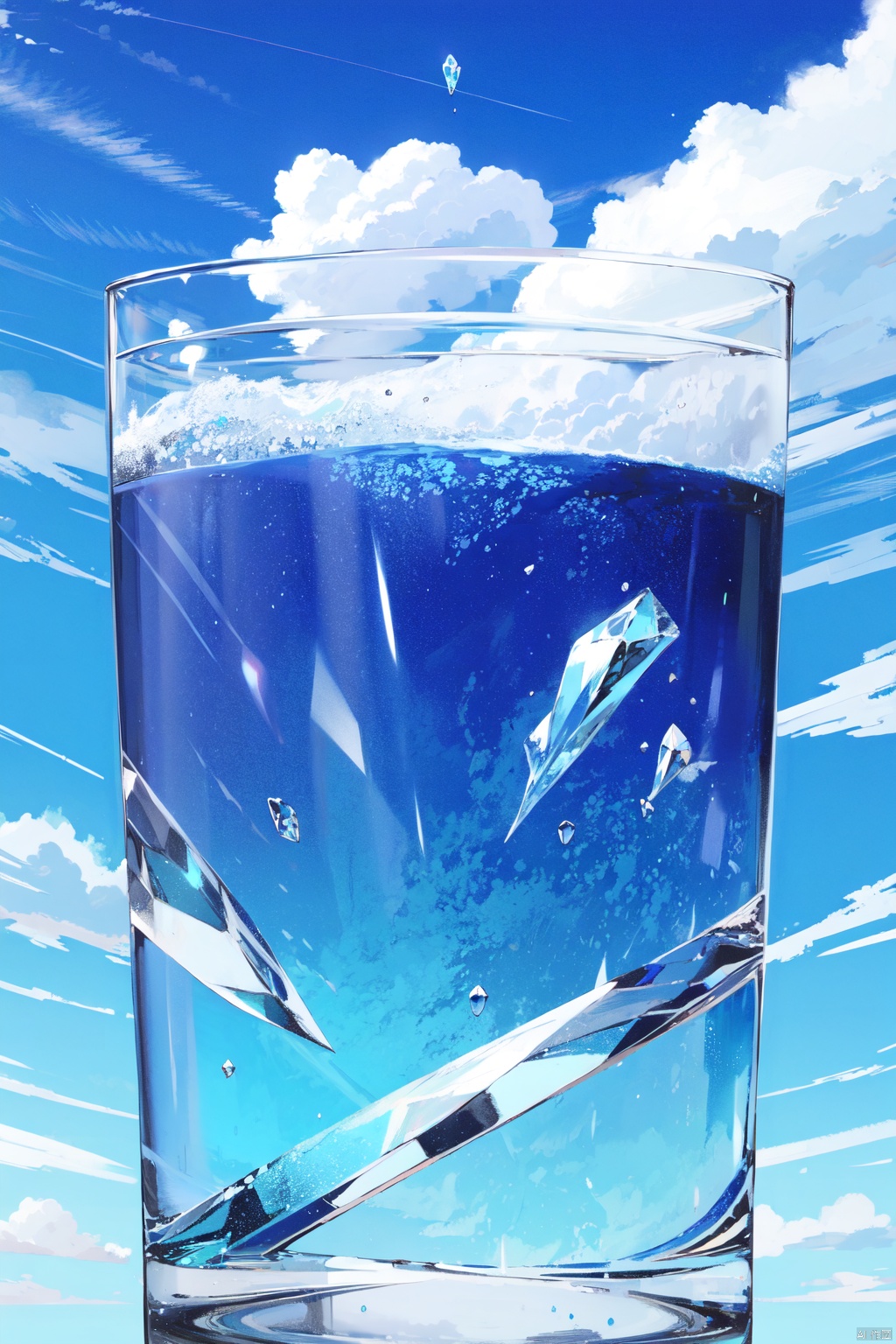 Crystal,transparent,glowing, cloud,Spring,雨点,Blue Sky and White Clouds,Masterpiece,Super Detailed, Best quality,