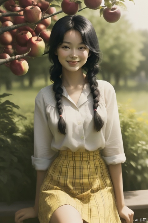 Beauty black hair, fat, sunshine, health, wide-eyed, braid, smile, high quality, yellow checkered skirt, beside the apple tree,summer