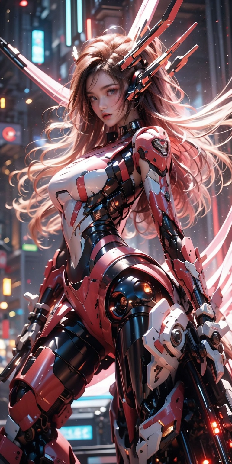  A semi mechanical woman riding a mecha,mechanical warmotor,mechanical mecha armor,high quality, game CG, wallpaper, galloping on the streets, cyberpunk, mechanical joints, paint reflections, lights, neon lights,(mechanicalparts),mechanicalarm,cyberpunk,mechanicalbody,Pink Mecha, 1girl,Future Combat Suit,Future style gel coat