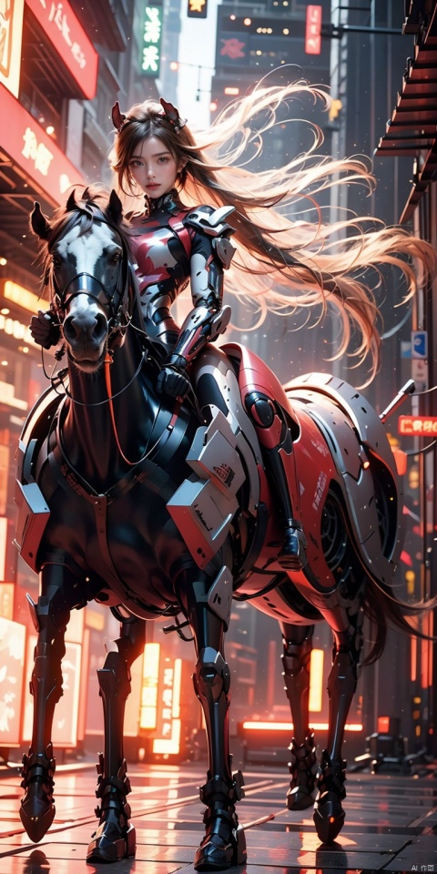  A semi mechanical woman riding a semi mechanical horse,mechanical warhorse,exoskeleton horse,mechanical horse armor,high quality, game CG, wallpaper, galloping on the streets, cyberpunk, mechanical joints, paint reflections, lights, neon lights,(mechanicalparts),mechanicalarm,cyberpunk,mechanicalbody,Pink Mecha, 1girl