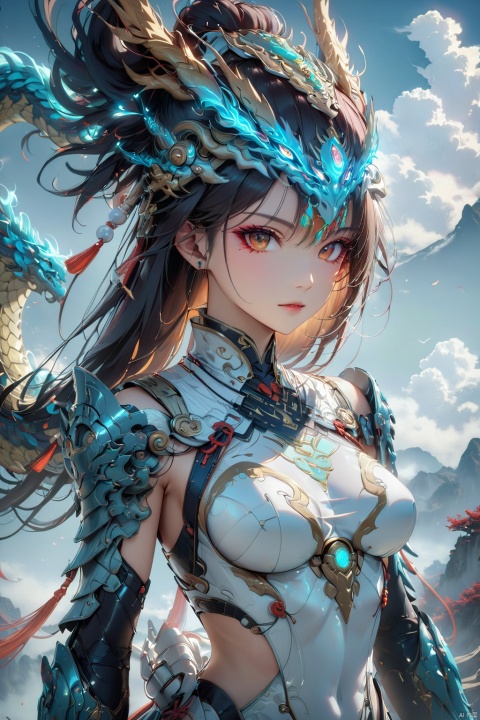  32K ultra-high resolution,1girl,full-body portrait of a classical female mech-warrior,seamlessly integrating Tang Dynasty armor with futuristic elements,embellished with luminous Yunlong (cloud dragon) and Taotie (beast face) motifs,constructed with advanced sci-fi materials,rendered in Unreal Engine for hyperrealistic detail,blending realism with surrealistic touches,