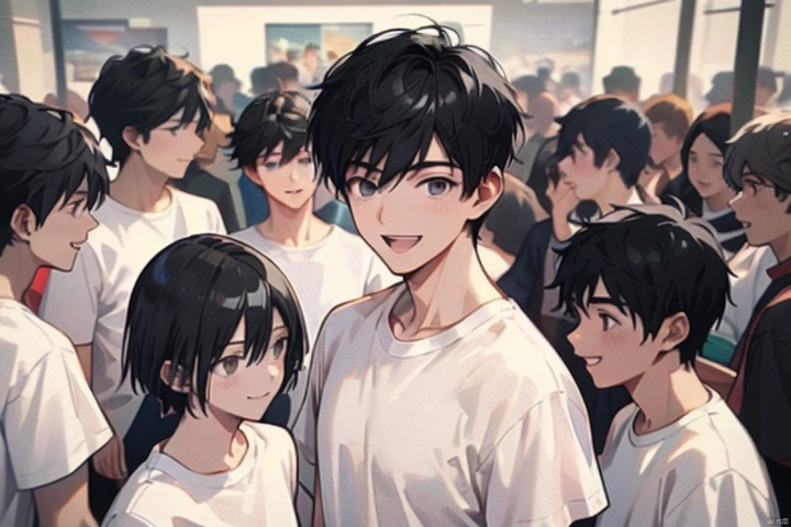  A group of students stood on the playground and queued up, in groups of 2 people, (sea of people: 1.4), (male, white T-shirt, short black hair, happy expression: 1.4), animation style 4K, animation rendering, animation style. 8k, anime side face handsome, (upper body display: 1.4), (master masterpiece: 1.4), (ultra-high details: 1.4), (best quality: 1.4), with students of different grades present, but there are exceptions, (male: 1.4)