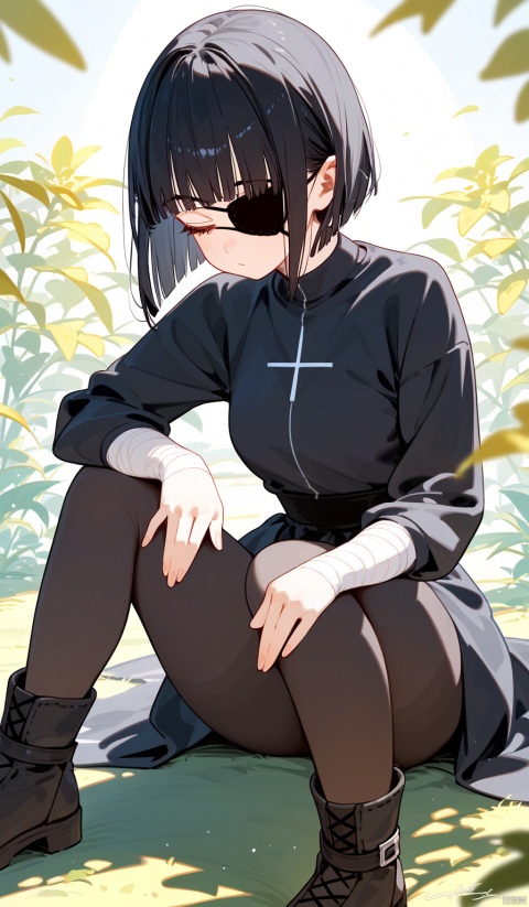  (score_9,score_8_up,score_7_up,score_6_up,score_5_up,score_4_up）
day,glamor,mature,1girl,scar,eyeshadow,black hair,short hair,hime cut,long_sleeves,sleeves_past_wrists,bandaged_arm,blunt bangs,lens_flare,thigh_boots,Cinematic Lighting,rim light,Volumetric Lighting,eyepatch,(black clothes:1.2),clothes with a matte texture,simple clothes,armored_dress,mecha,black_bodystocking,yoga_pants,tight fitting long sleeved top,sitting cross legged on the ground,meditation,full_shot,medium_shot,close-up,eyes_focus,front view,meditation through meditation,simple_background,white_background,intense shadows, (score_9_up