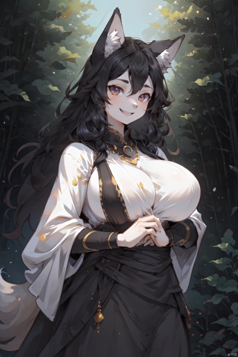  wolf,female,black furry,anthropomorphic,black long straight hair,standing in the forest , holding her chest with both hands, large breasts, exciting,Love eyes,drool,hungry smile,estrus,kemono style