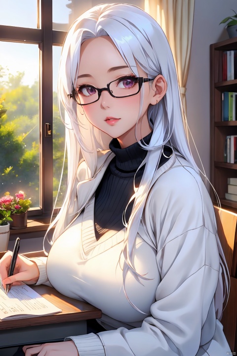   8k,(masterpiece), 1girl, solo, (white long straight hair:1.3), red eyeglasses, (mature woman:1.3), (mom:1.3), (white coat), (black sweater), sitting, writing, (looking at viewer:1.2), indoors, desk, books, window view, trees, (warm lighting), soft light, gentle light,huge breasts,closeup view, pixiv style,Japanese anime style,night,desk lamp