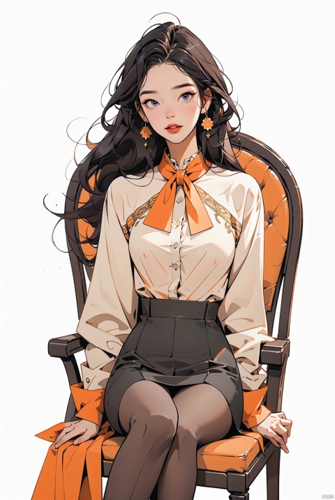 Anime cartoon style, white background, a woman sitting on a chair, wearing black professional attire, golden long hair, black stockings, ordinary chair,((Masterpiece)),((Best Quality)),(Super Detail),(Masterpiece :Best Quality),(Real Picture, Intricate Detail),Light Tracing,Very detailed CG Unified 8k Wallpaper),(Fine Detail for Beautiful Eyes and Detail Face),Movie Lighting,Masterpiece,Best Quality,