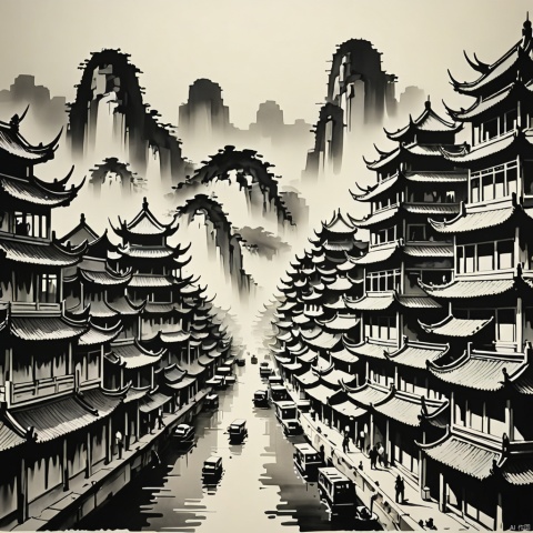 city,
Chinese ink painting,
