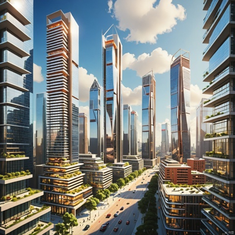  A modern city,
High rise buildings,
Modern architecture,
